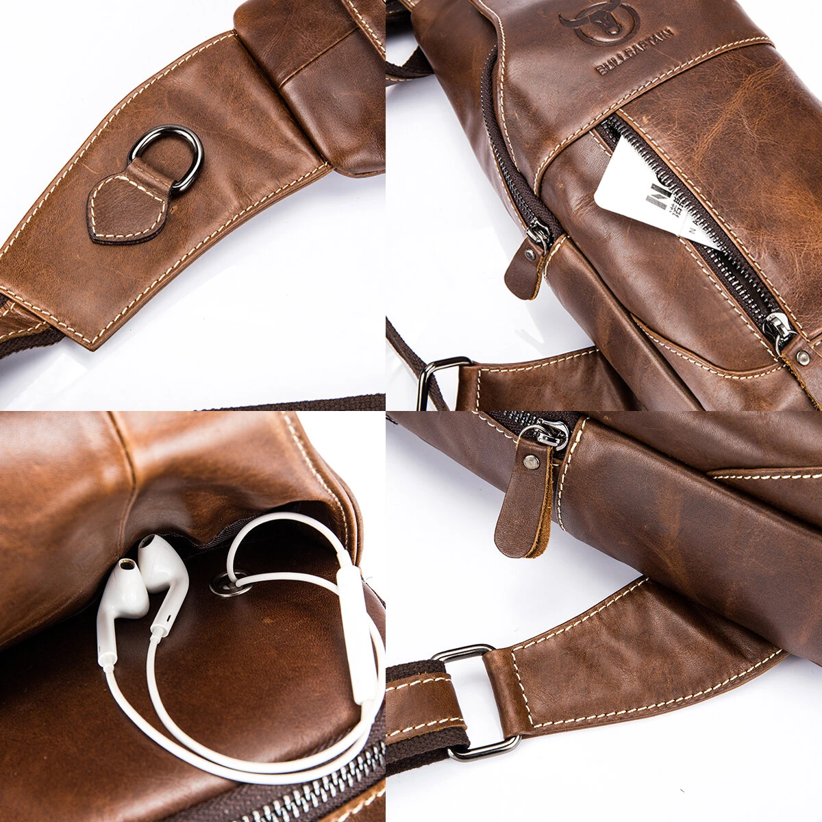 (image for) BULLCAPTAIN Men Genuine Leather Wear Resisting Textured Business Casual Brown Black Chest Bag Shoulder Crossbody Bag